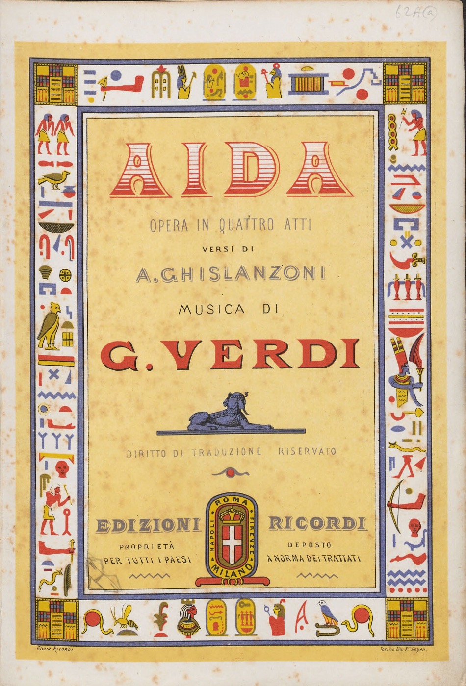 Title page of the Aida vocal score published by Fratelli Doyen