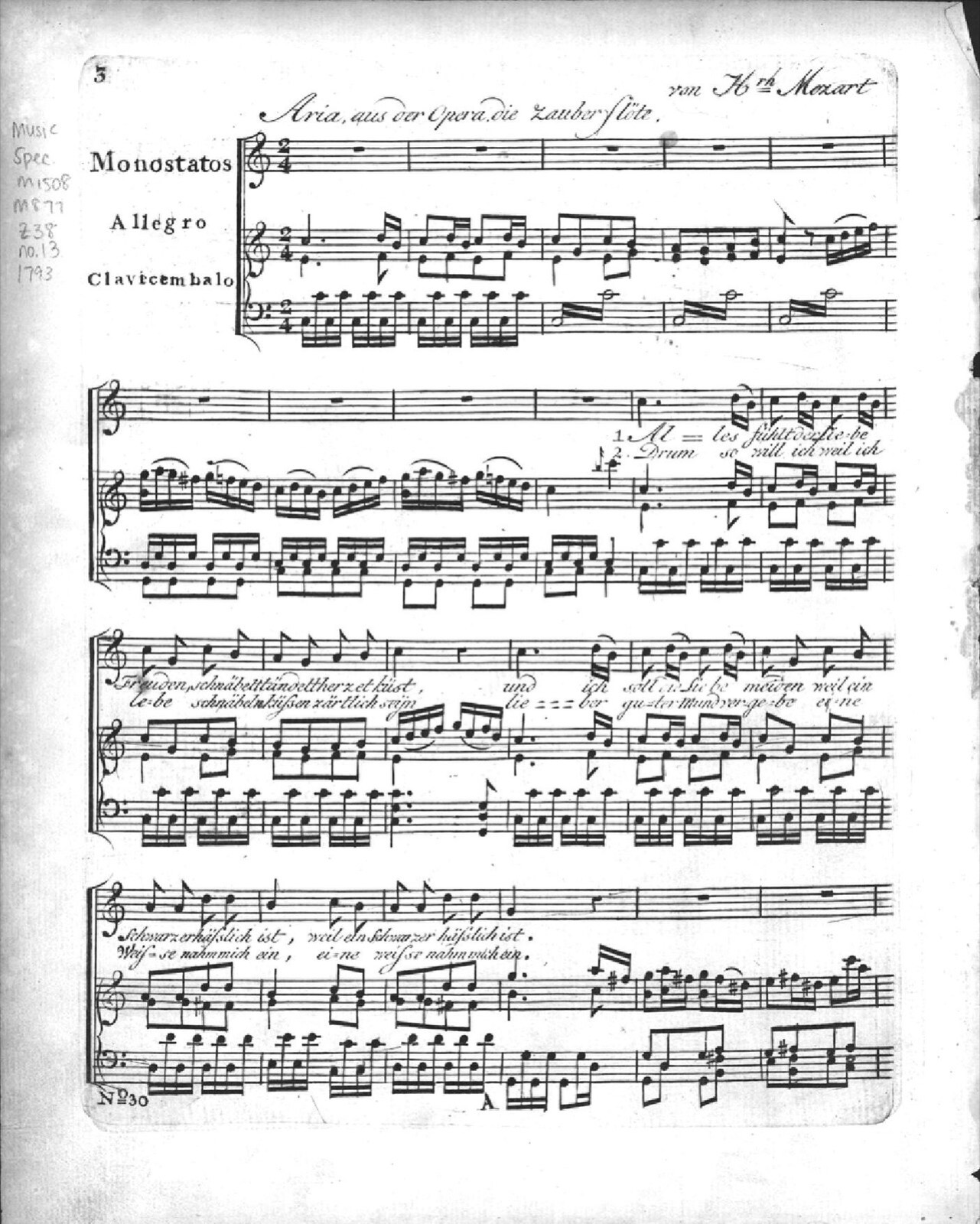 First page of a printed vocal score of an aria from Mozart's Die Zauberflöte