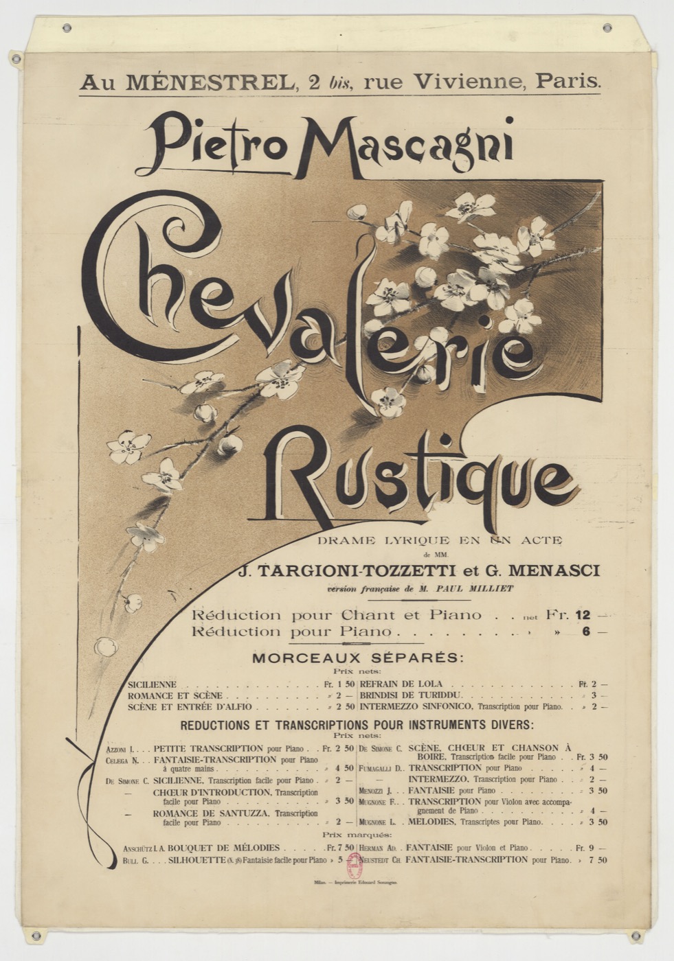 French poster for Pietro Mascagni opera Chevalerie rustique (Cavalleria rusticana), lyric drama in one act