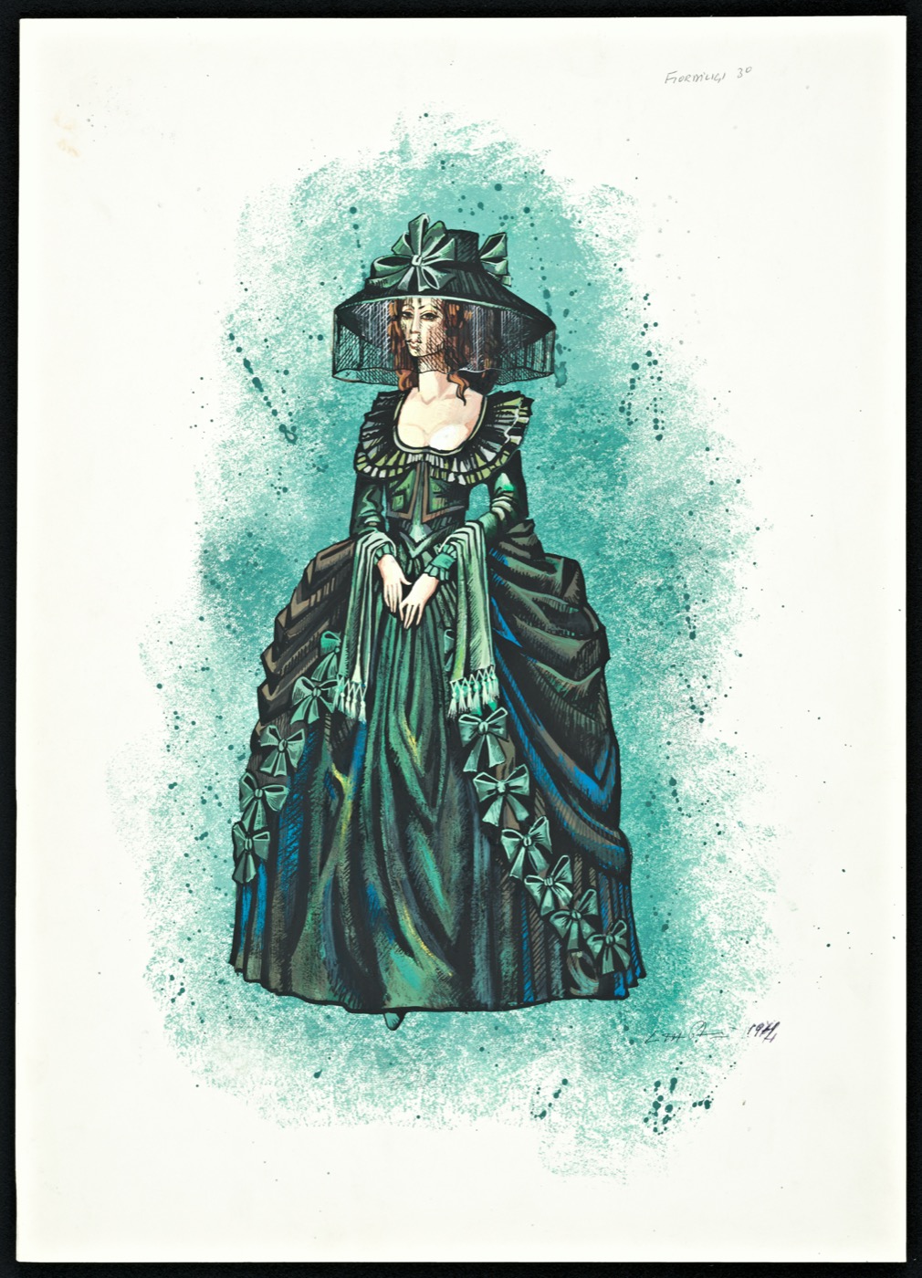 Costume design sketch for the role of Fiordiligi in Così fan tutte by Vittorio Patané