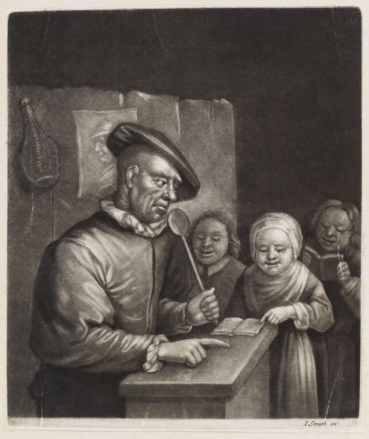 Engraving of a singing lesson with a teacher and a singer at a keyboard