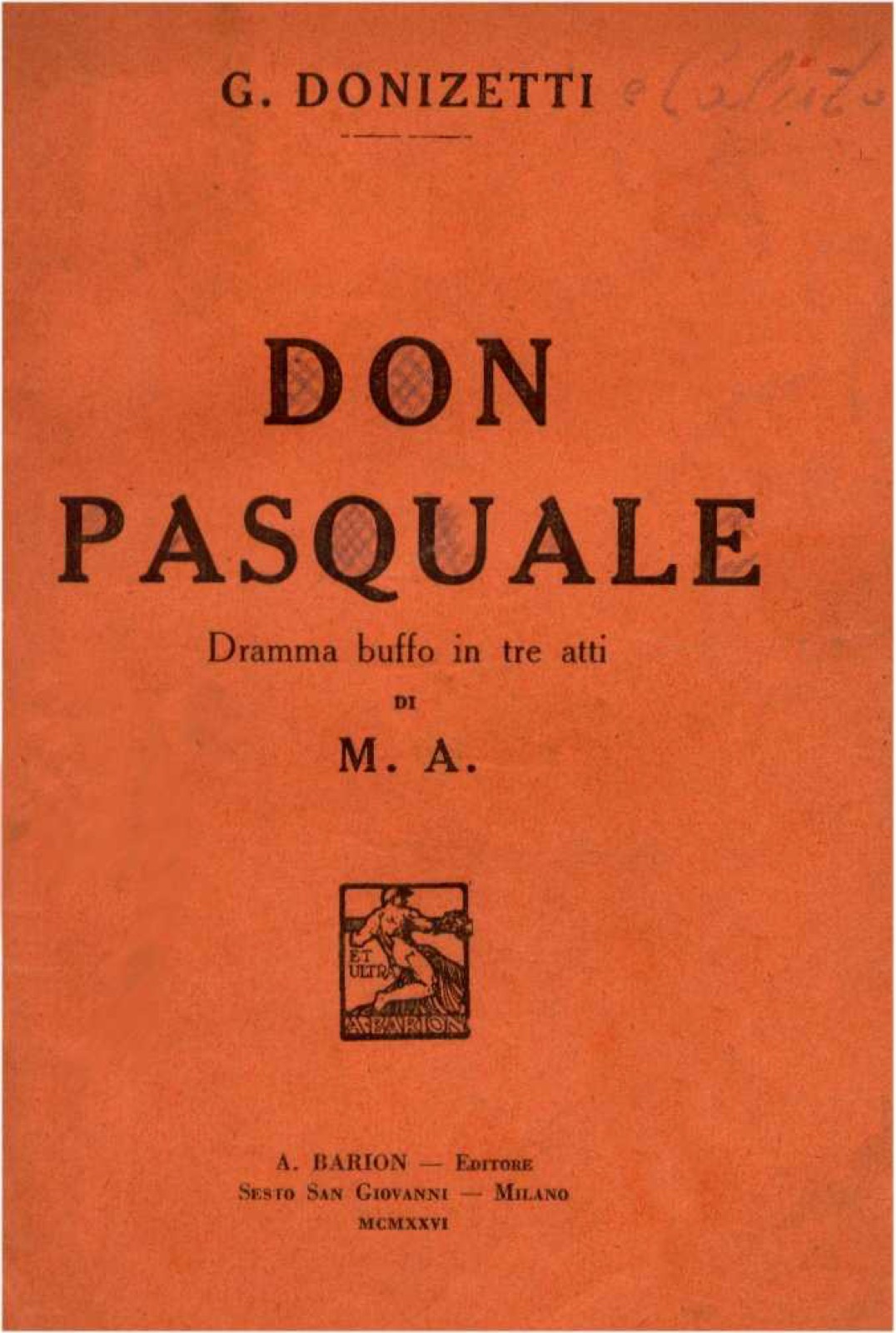 Title page of a 1926 printed score of Donizetti's Don Pasquale