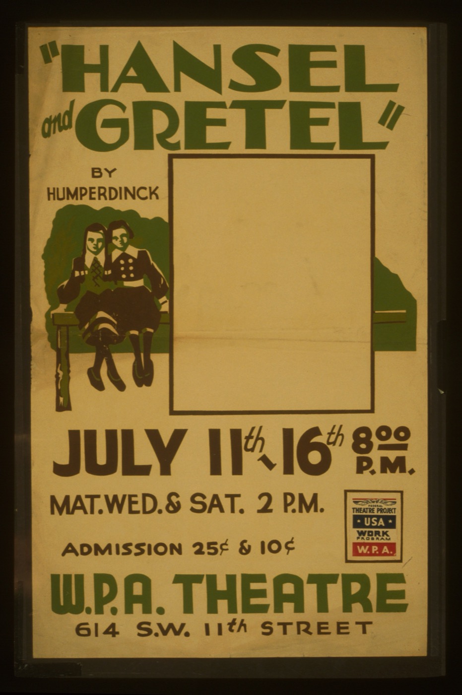 WPA Federal Art Project poster advertising a performance of Humperdinck's Hansel and Gretel