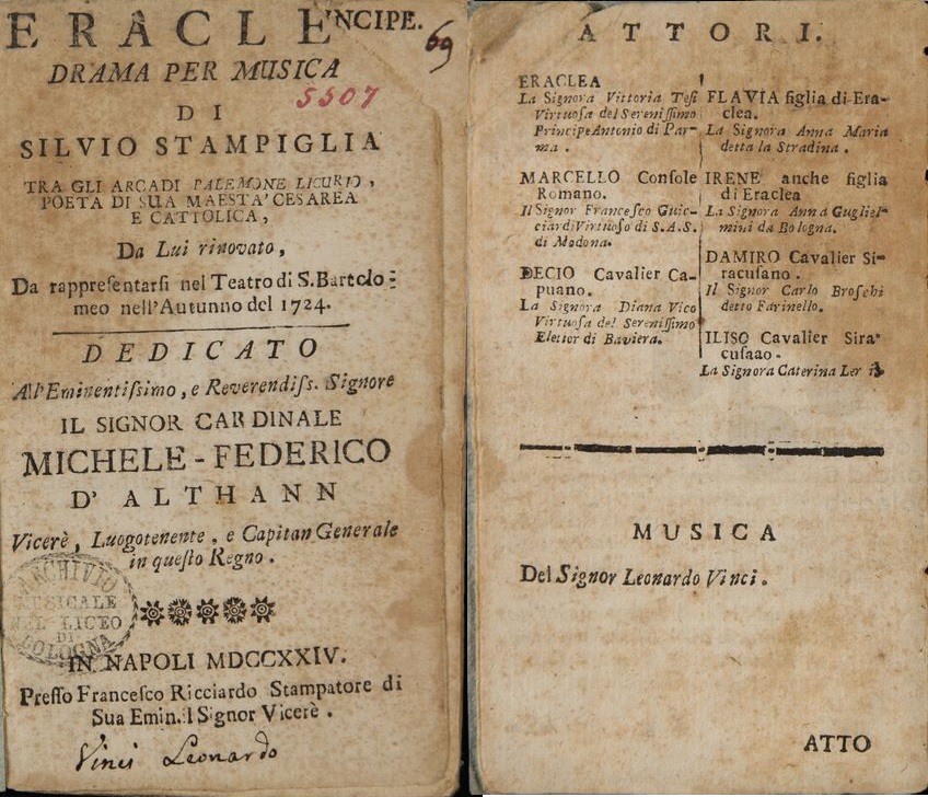 Title page and cast list of an eighteenth-century Italian opera libretto