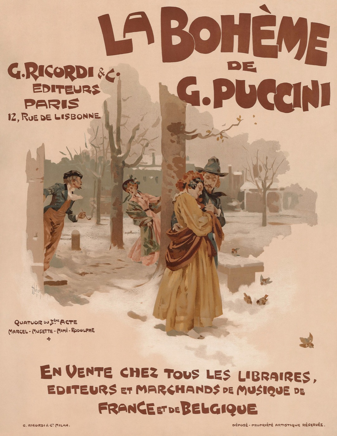 Advertisement poster for the La Bohème vocal score, Milan, 1895, showing the opera's title and Ricordi publisher details