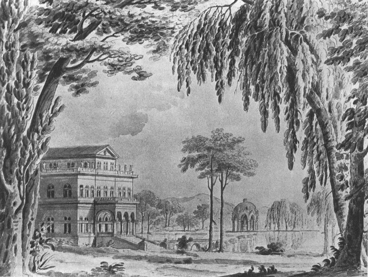 Watercolour stage design by Alessandro Sanquirico for Act 1 of La Cenerentola at La Scala, Milan, 1817