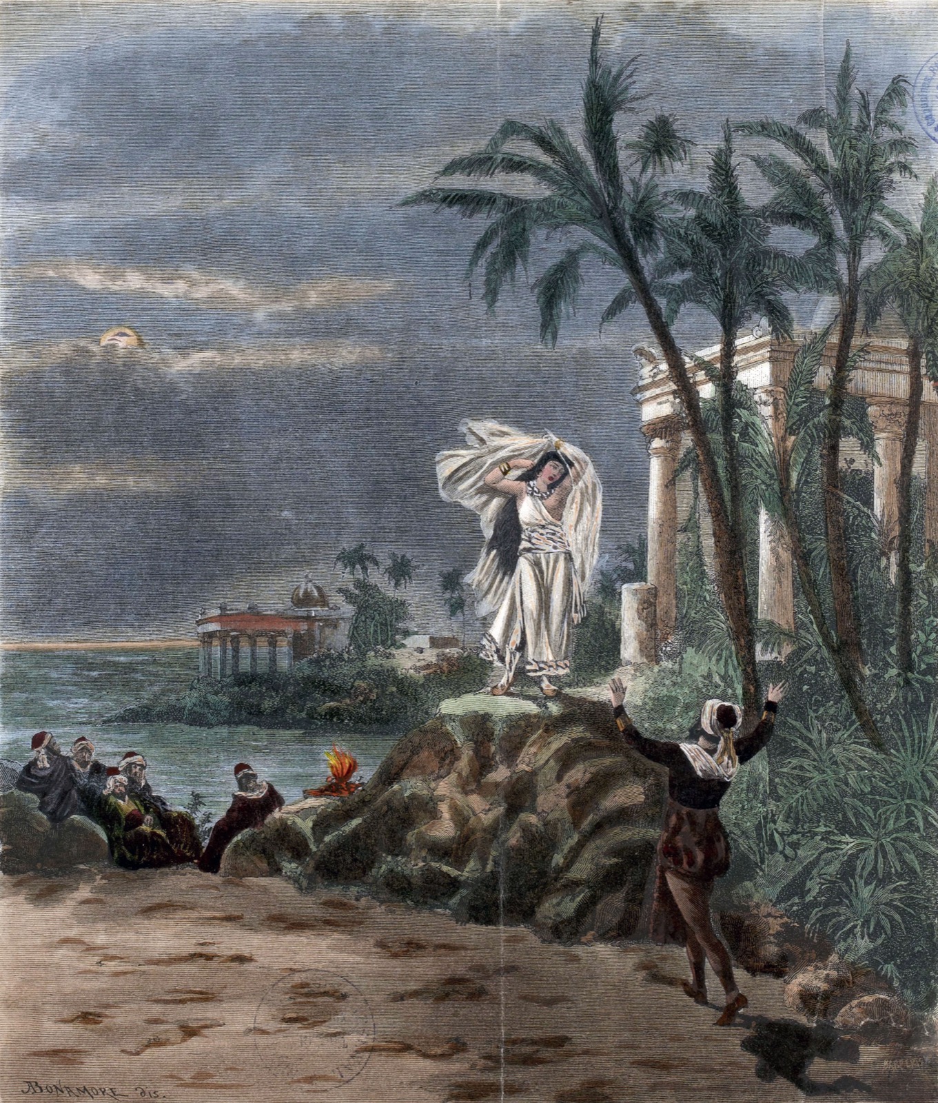 Set design for the final scene of act 1 of Bizet's Les pêcheurs de perles, a stage view of the seashore and temple