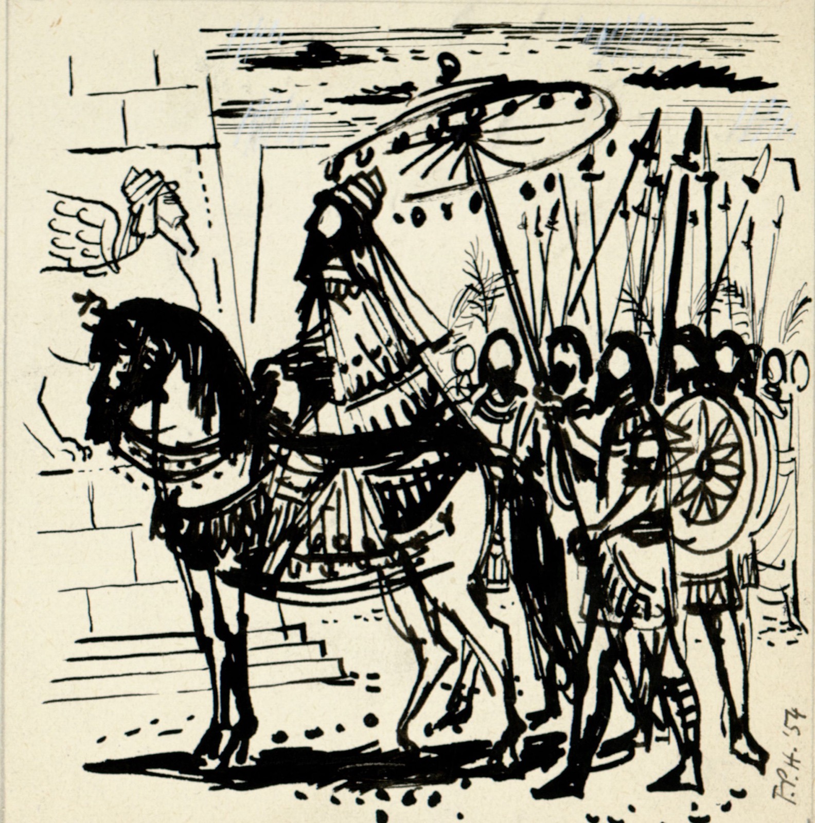 Pen drawing for the cover of a Nabucco libretto, by Peter Hoffer, 1954