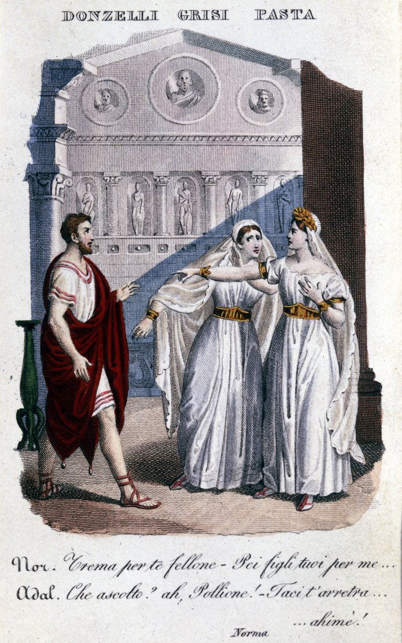 Print of the first Norma cast: Pasta as Norma, Donzelli as Pollione and Grisi as Adalgisa