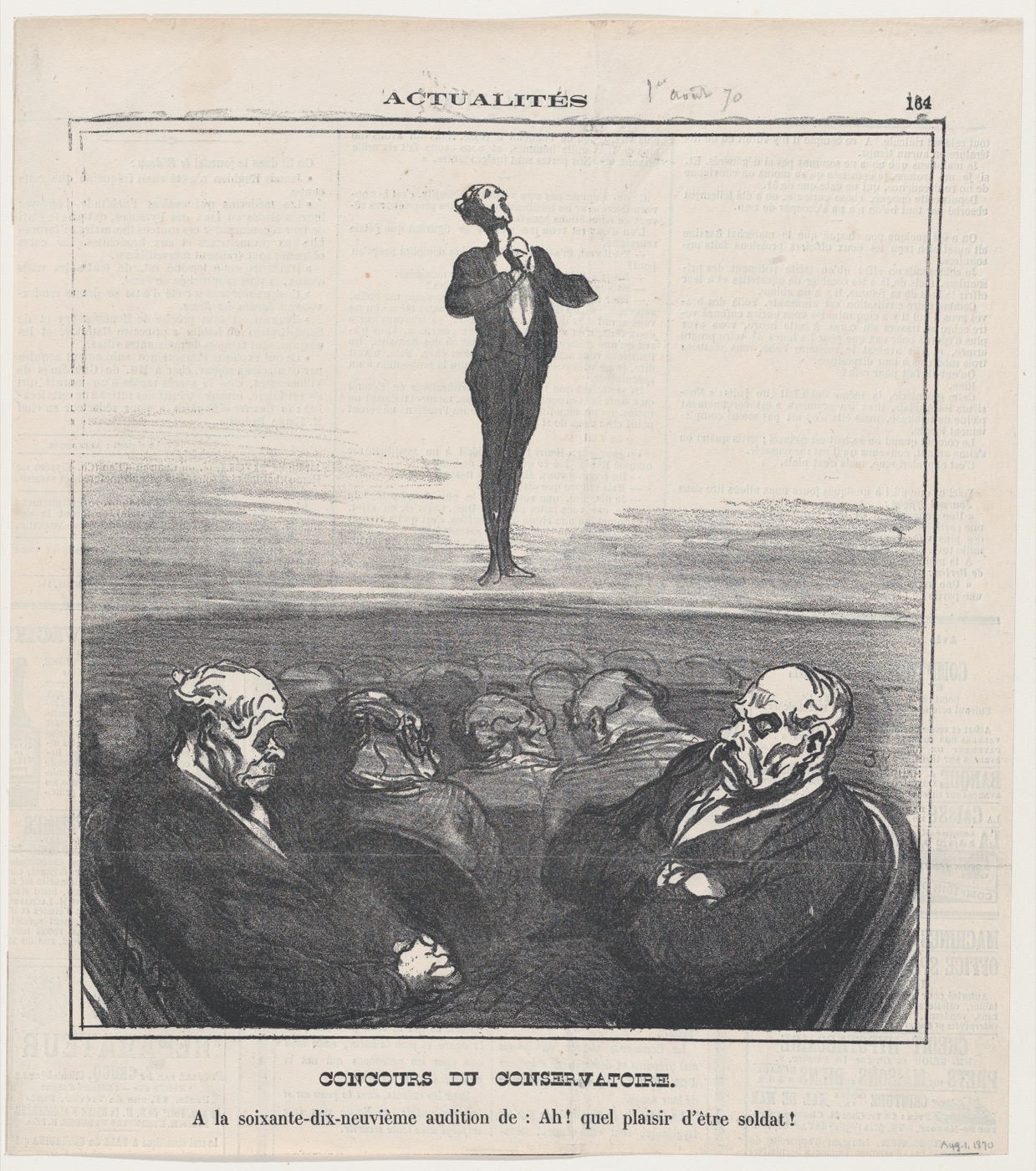 Daumier caricature of a conservatory audition with a row of singers and judges