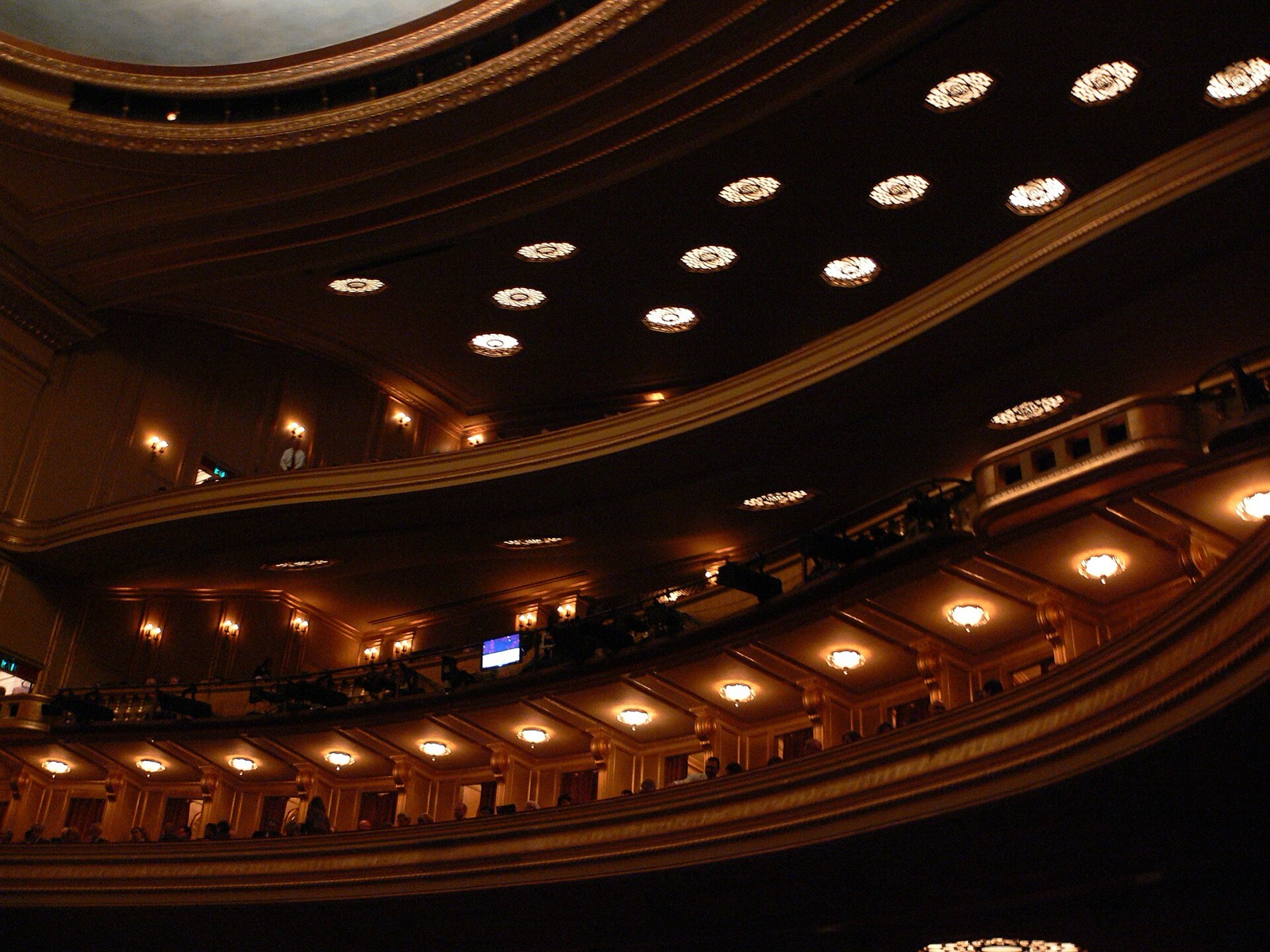 Upper levels of the auditorium of the War Memorial Opera House in San Francisco, seen from the seats