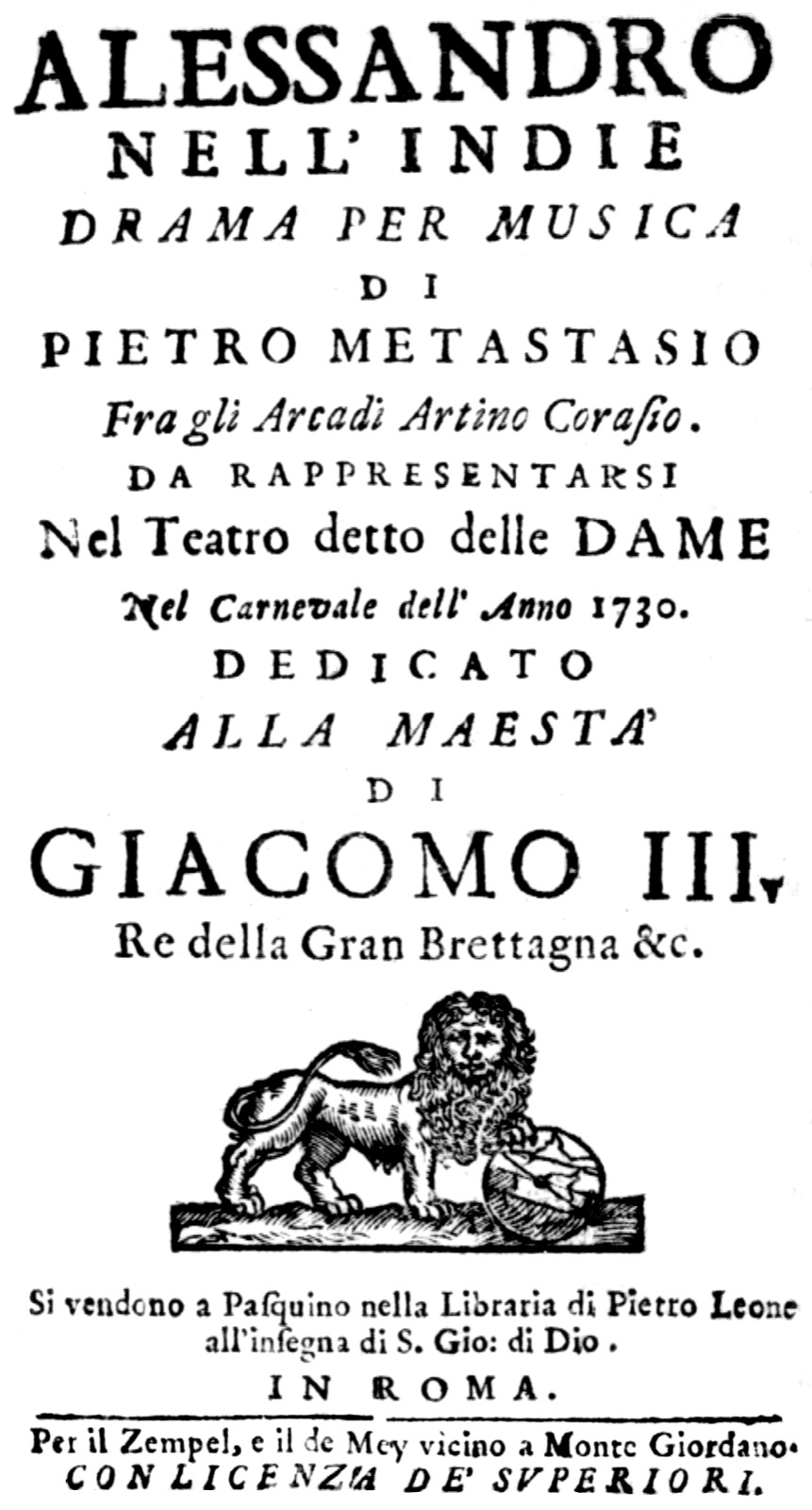 Printed title page of a libretto for Leonardo Vinci's opera Alessandro nell'Indie, Rome 1730