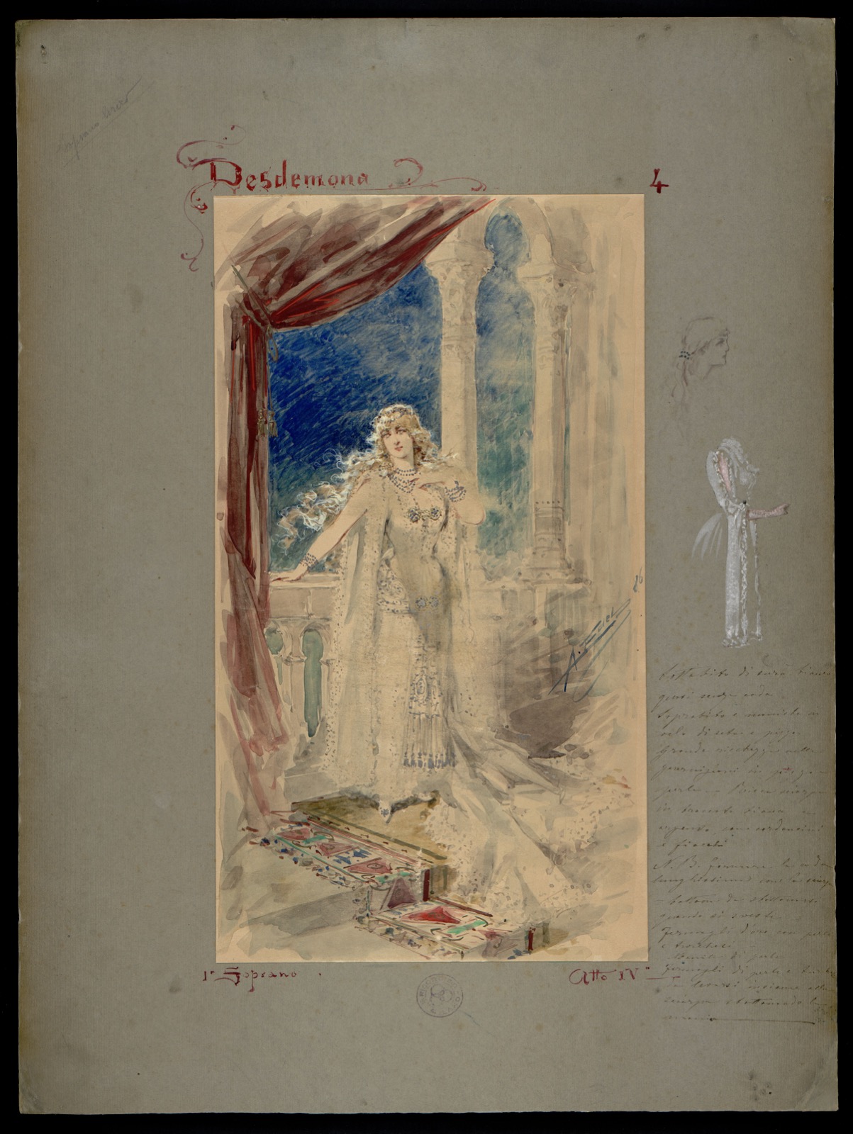 Costume design by Alfredo Edel for Desdemona in Act 4 of the 1887 Otello premiere