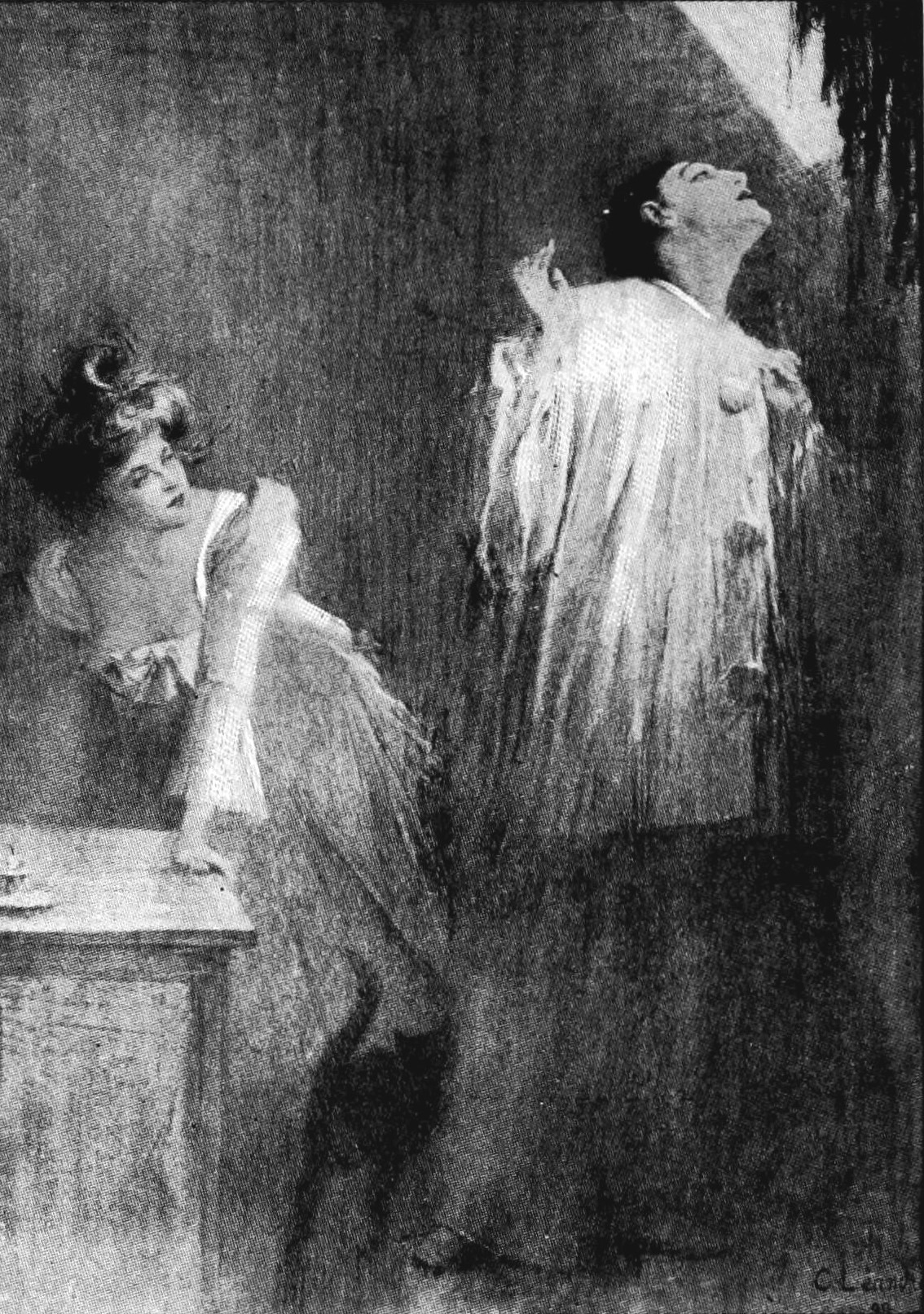 Engraving of Nedda and Canio from the Pagliacci scene in an early twentieth-century opera book