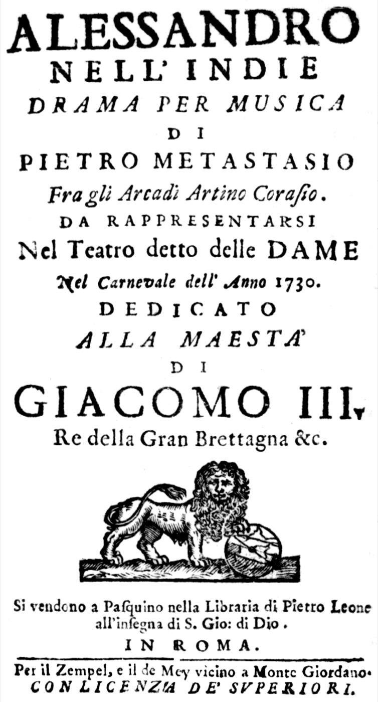 Title page of an eighteenth-century Italian opera libretto, Rome 1730