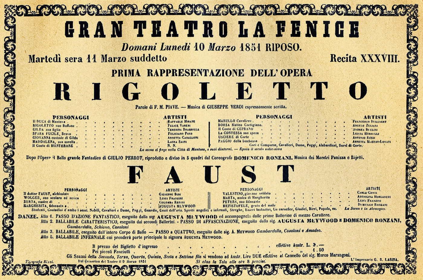 Poster for the world premiere of Verdi's Rigoletto at La Fenice, 11 March 1851