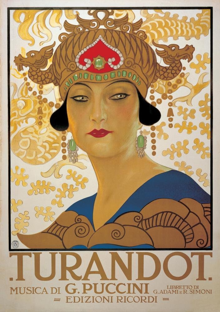 Ricordi poster for Puccini Turandot: a woman in a jewelled headdress, with the credits Musica di G. Puccini and Libretto di G. Adami e R. Simoni