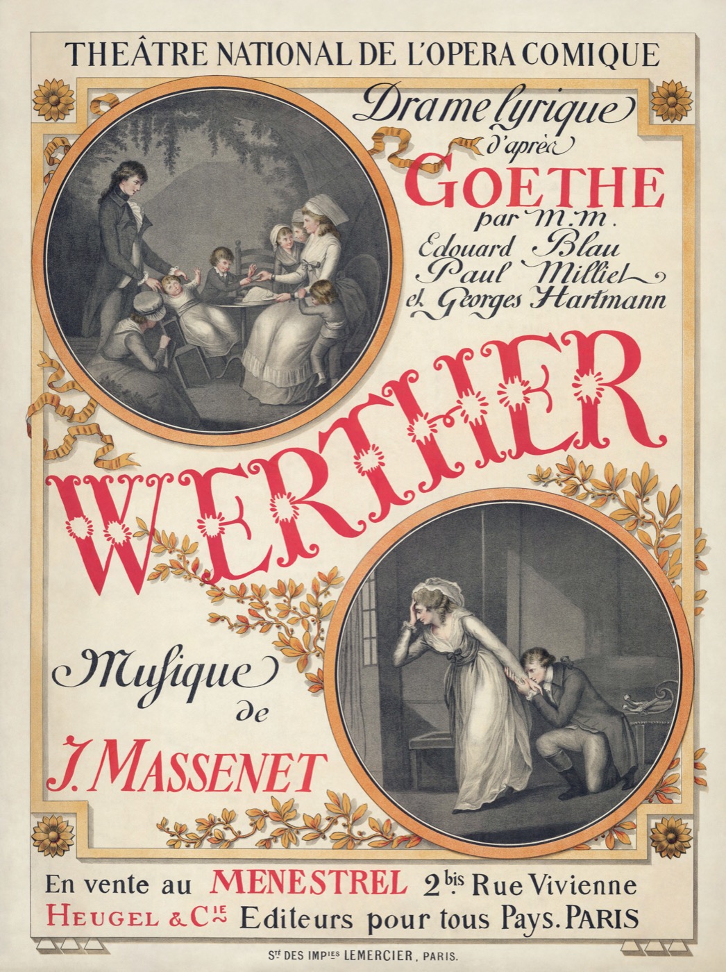 Title page of the Werther vocal score published by Heugel, Paris, with two round engravings of scenes from the opera and Goethe credited as source